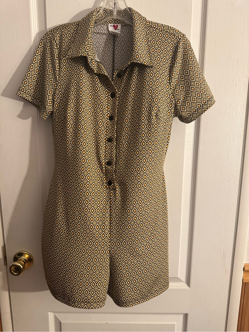 Heart & Heels Yellow and brown Diamond-Print Short-Sleeve Button romper